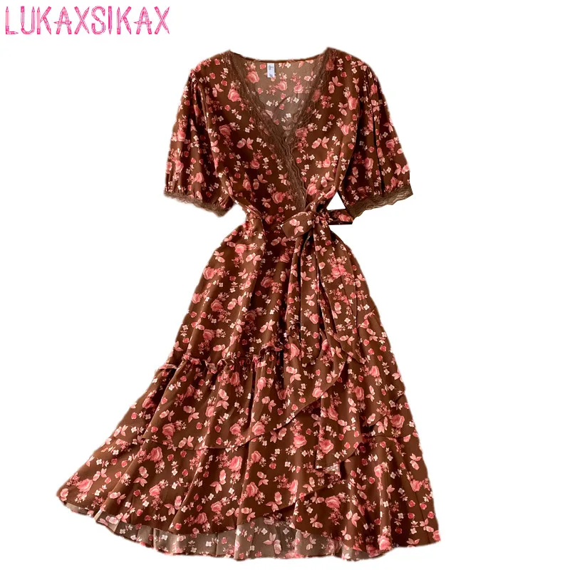 

LUKAXSIKAX New Summer Women Sexy V-Neck Short Sleeve Bandage Slim Long Dress Sweet Ruffles Hem Floral Dress