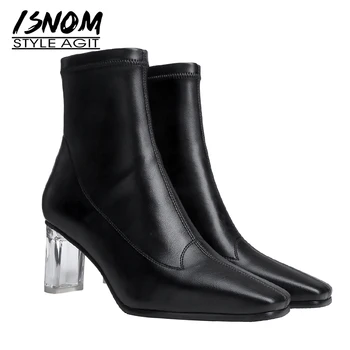 

ISNOM Stretch Pu Boots Women Ankle Booties Woman Clear Crystal Heels High Shoes Female Square Toe Shoes Ladies Spring 2020