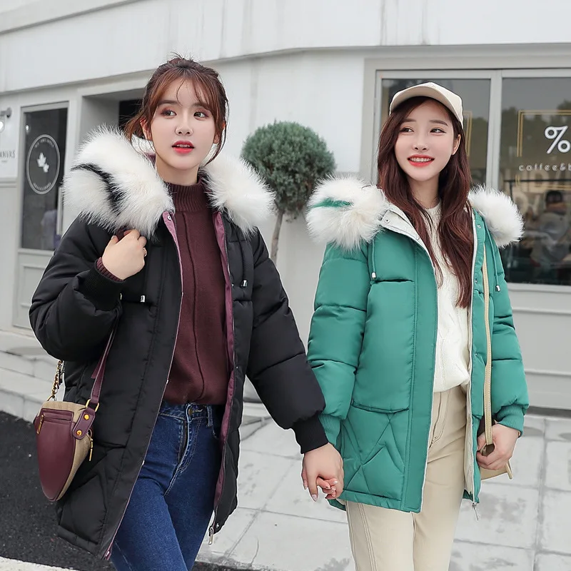 

Sisters down Jacket Cotton-padded Clothes Women's Mid-length 2019 Winter New Style Large Fur Collar Students Cotton-padded Cloth
