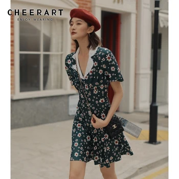 

CHEERART Daisy Floral Print Deep V Neck Mini Dress Women Spring 2020 Green Tunic A Line Short Sleeve Dress Fashion Clothing