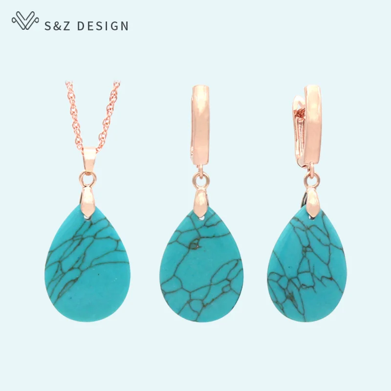 

S&Z DESIGN Water Drop Synthetic Turquoises Dangle Earrings Jewelry Sets 585 Rose Gold White Gold For Women Wedding Jewelry