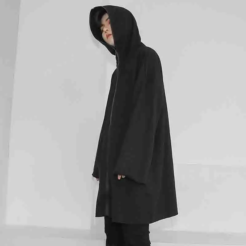 Men's cardigan autumn winter loose in the long hooded coat men's leisure windbreaker youth black large size tide England