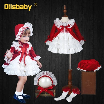 

4 PCS Christmas Girls Red Vintage Spanish Dress Velvet Tribute Silk Lace Tutu Dress Baby Girls 1 2 3 4 5 6 Years Birthday Dress