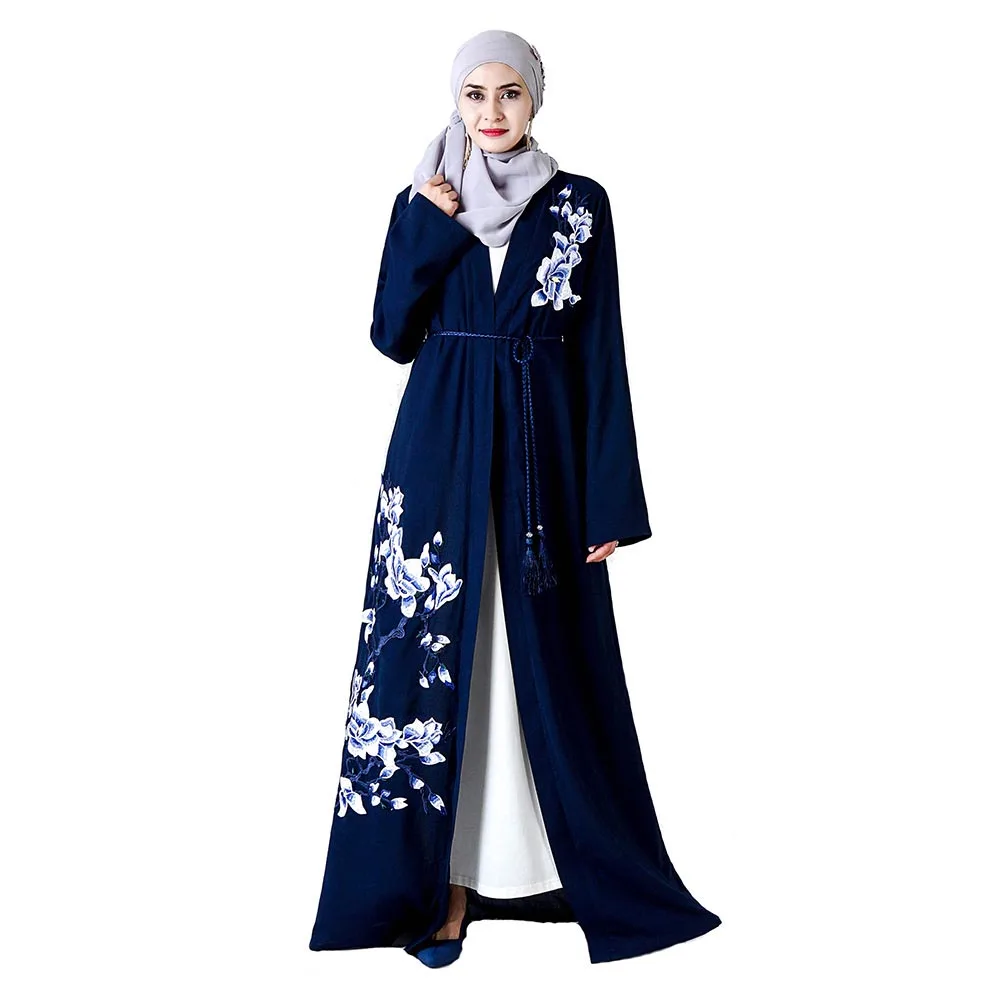 

Muslim Floral Embroidery Women Robe Cardigan Lace Up Ethnic Robes Fashion Elegant Long Vestido Maxi Black Purple Plus Size 2XL