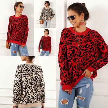 

Fashion Loose Women's Knit Leopard Sweater Top Print Long Sleeve Pullover