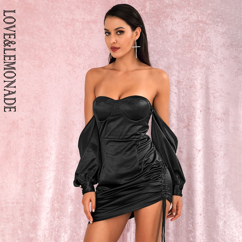 LOVE& LEMONADE, сексуальное черное с открытыми плечами, топ-труба, свободные рукава, со сборками, облегающее мини-платье, вечерние платья LM81972