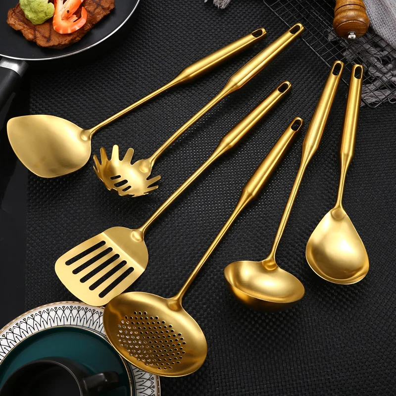 

1PC Stainless Steel Spoon Colander Spatula Frying Shovel Gold Long Handle Soup Rice Scoop Restaurant Kitchen Cooking Utensil