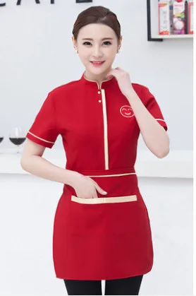 Tops and aprons Кафе, магазин, рабочая одежда, лето, новая форма официанта с короткими рукавами+ фартук, набор, улыбающееся лицо, официантка, дешевая рубашка - Цвет: Tops and aprons