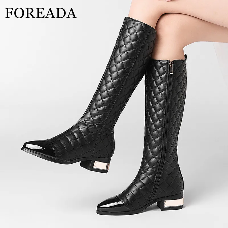

FOREADA Med Heel Knee High Boots Real Leather Woman Boots Block Heel Shoes Zip Pointed Toe Ladies Long Boots Autumn Winter 33-43