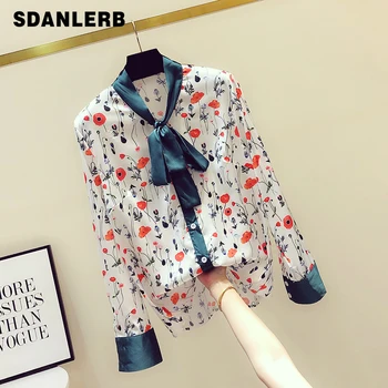 

New Korean Shirt Women Autumn 2019 Silk Satin Blouse with Bow Knot Long Sleeve Broken Flower Shirt Lady's Casual Jacket Shirts