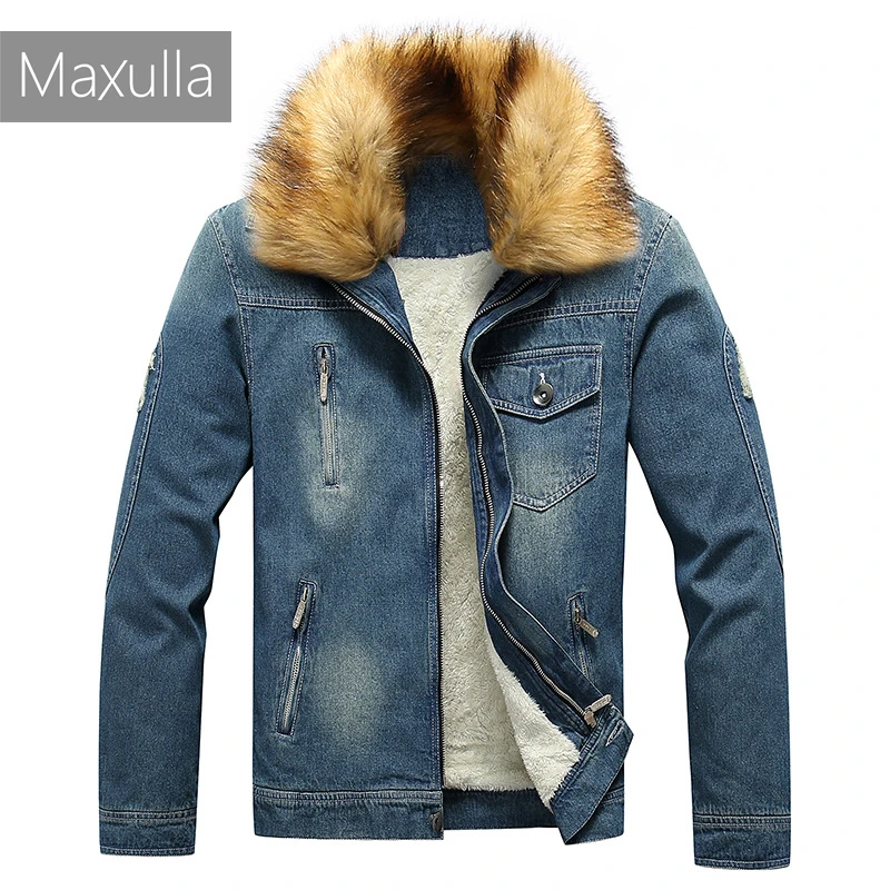 

Maxulla Men's Fur Collar Denim Coat Winter Mens Cotton-padded Casual Jacket Male demin thick Clothing Mla073