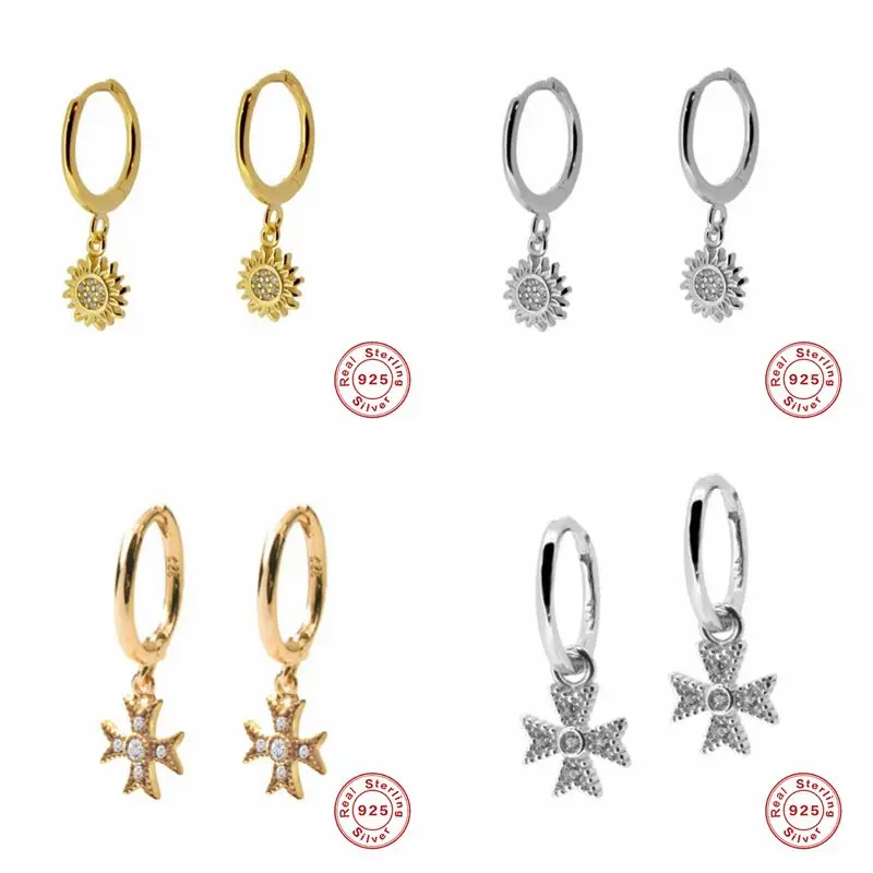 925 твердого стерлингового серебра Для женщин крест подсолнечника Шарм серьги-гвоздики в виде кольца дружбы Подарочные Кольца для девочек-подростков, друзья A30