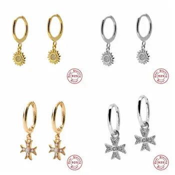 

2019 100% 925 Solid Sterling Silver Women Cross sunflower Charm Stud Earrings Friendship Gift Teen Girls Friends A30