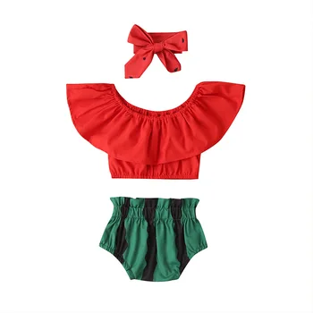 

2020 New Girls Clothes Ruffled Collar Watermelon Fashion Sleeveless Kid's Jacket Shorts Two-Piece Set Sleeveless Headbands