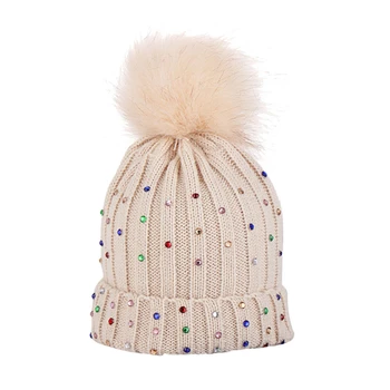 

Children Knitted Wool hats panama for baby girls softelasticity Hemming Rhinestone Cap hats with pom poms baby cap winter A40