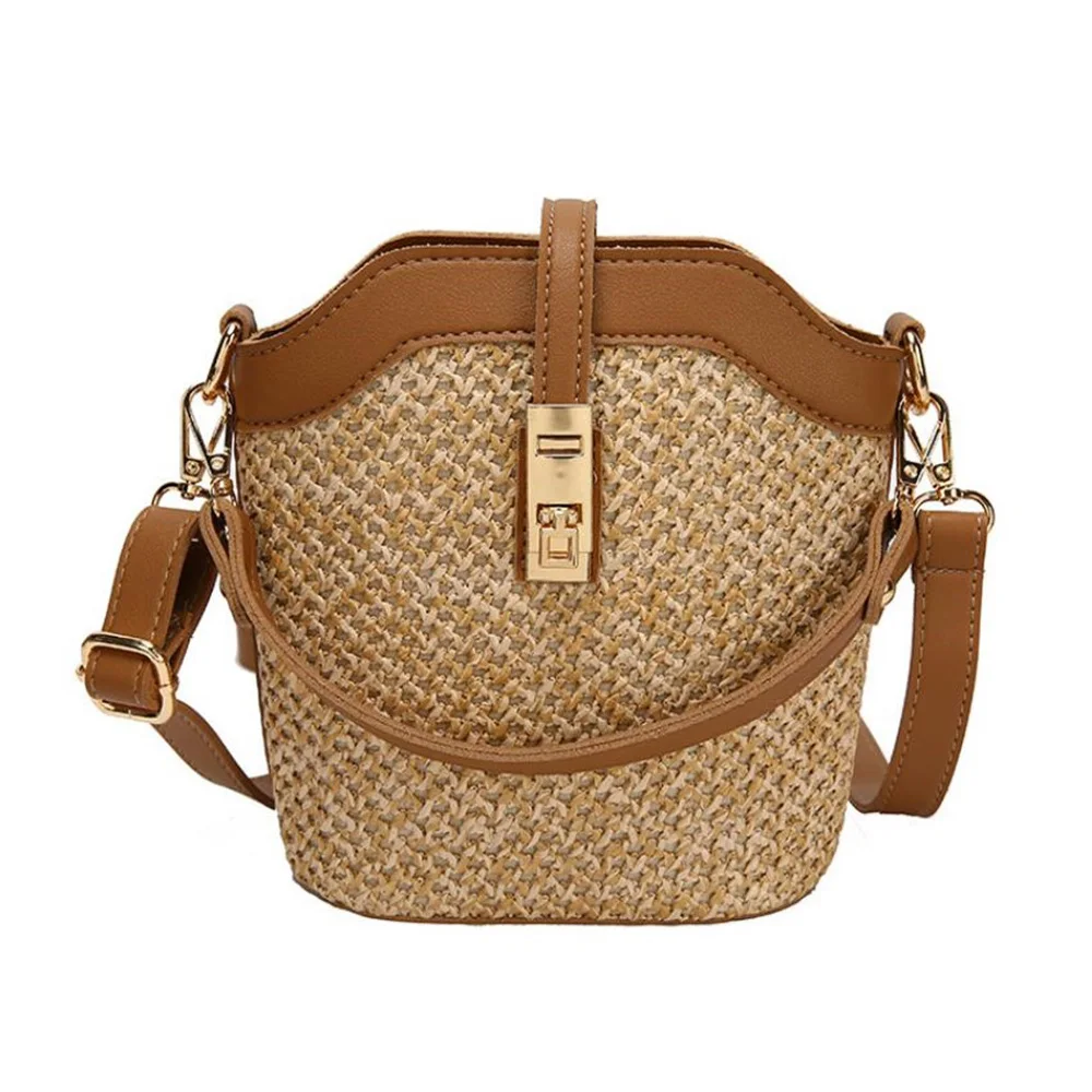 

Women New Shoulder Bags Straw Woven PU Leather Stitching Messenger Bag Fashion Trend Handbag Summer Small Fresh Beach Straw Bag