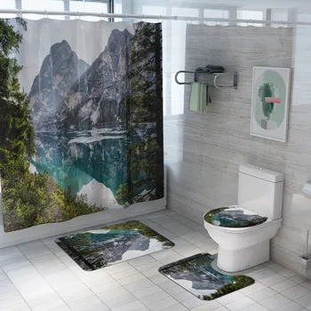 

4PC Shower Curtain Bathroom Waterproof Polyester Shower Curtain Non Slip Toilet Cover Mat Set Printing Bath Curtains Decora