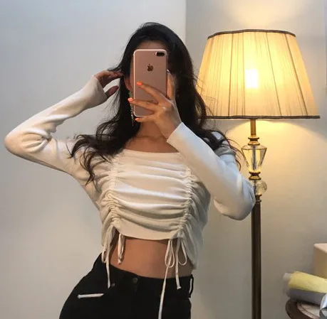 

Official Website Figure 2019 Korean-style CHIC Early Spring New Style Slim Fit Slimming Versatile Navel Sexy Shirred T-shirt