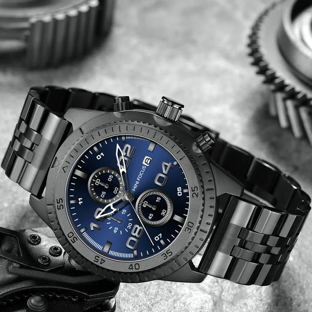 

Luxury Brand MINIFOCUS Sport Watch Men Quartz Analog Clock Stainless Steel Strap Waterproof Military Army Chronograph Wristwatch
