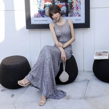 

Evening Dresses Gray Shining Sequin Formal Evening Gowns Sleeveless Mermaid Long O Neck Dress For Girls robe de soiree K109