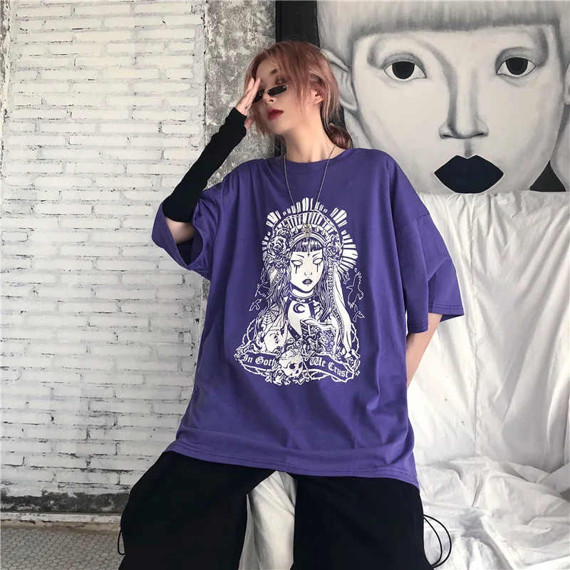 Готический Темный стиль черный цвет женские Топы Одежда Harajuku Свободные короткий рукав шикарные летние футболки Готический Винтаж рубашки для отдыха