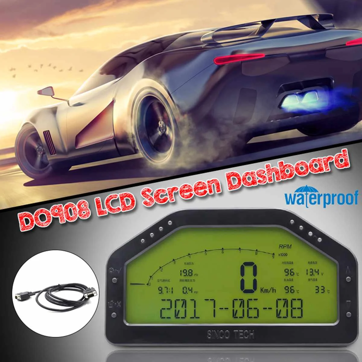 

DO908 Universal Dash Race Display Wire Harness Set Dashboard LCD Screen Gauge Waterproof Full Sensor Kit Dashboard for Rally Car