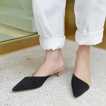 

kmeioo classic slip-on mules female pointed toe kitten heels shallow mule sandals black slingback pumps leisure shoes