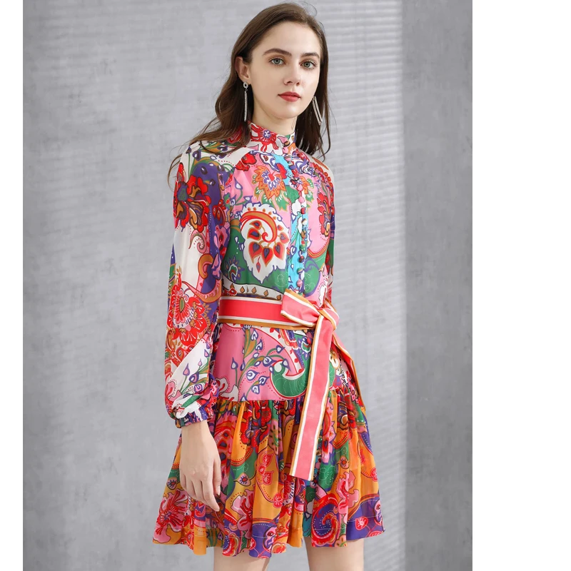 SEQINYY Boho Mini Dress 2020 Summer Spring New Fashion Design Women Vintage Red Flowers Print Lantern Sleeve Chiffon Belt