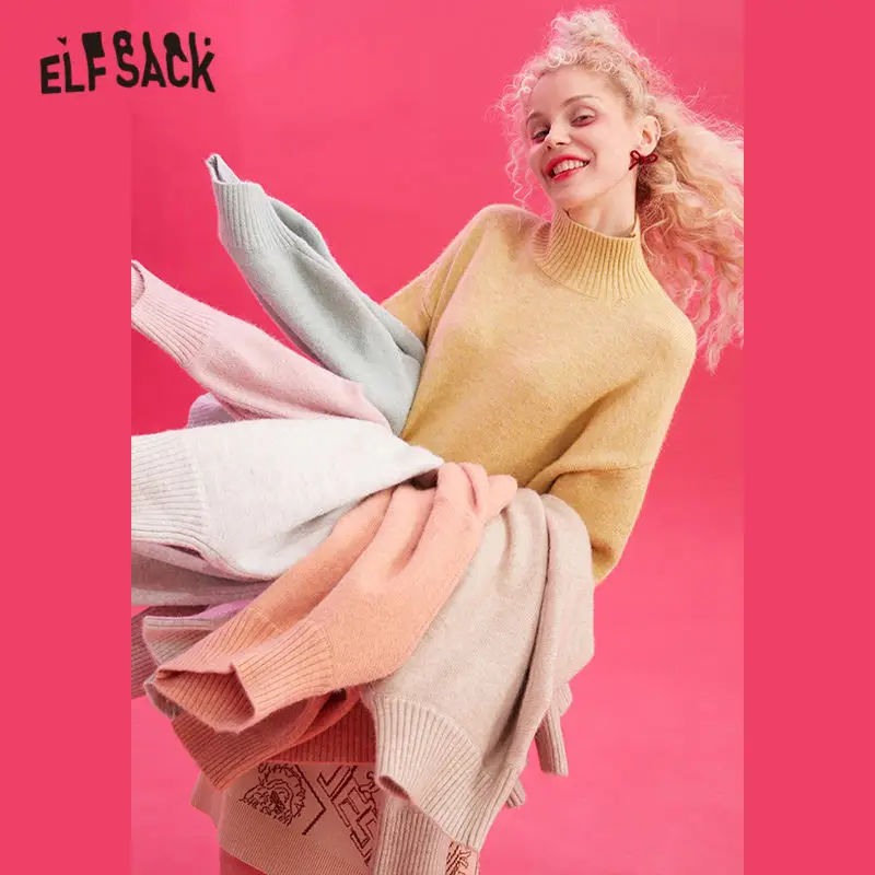 

ELFSACK Multicolor Solid Casual Knit Split Pullover Sweater Women 2020 Winter Pure Korean Drop Shoulder Sleeve Ladies Basic Tops
