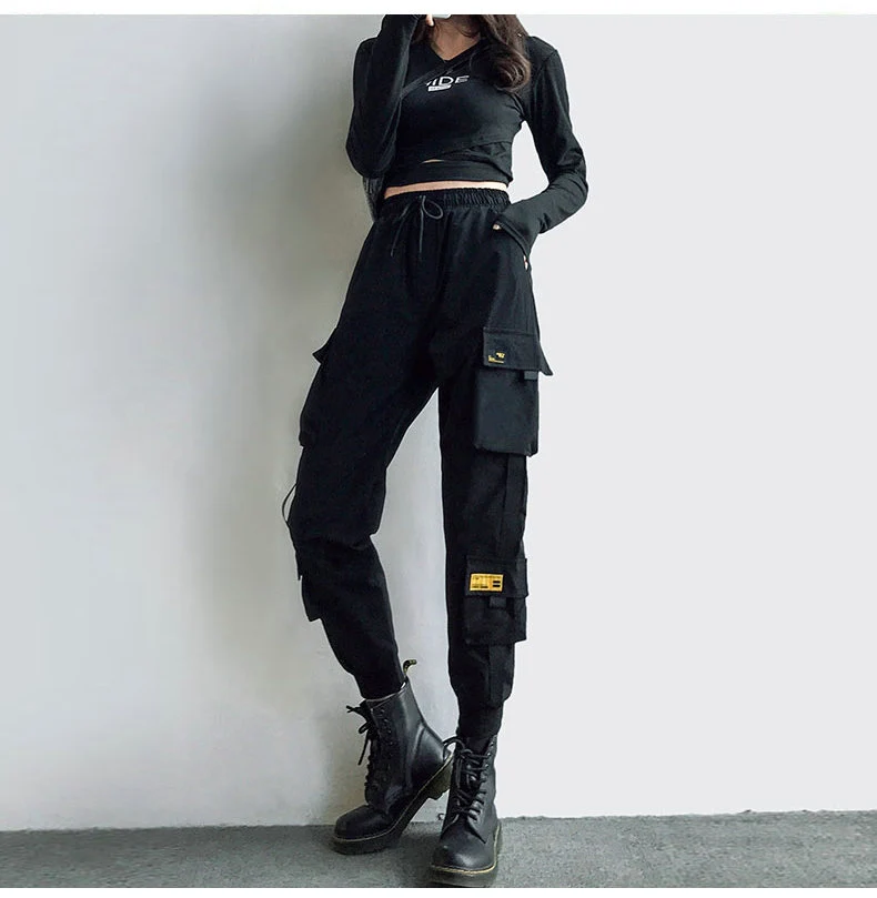 Women's Cargo Pants Black Ribbon Pocket Jogger Elastic Waist High ...