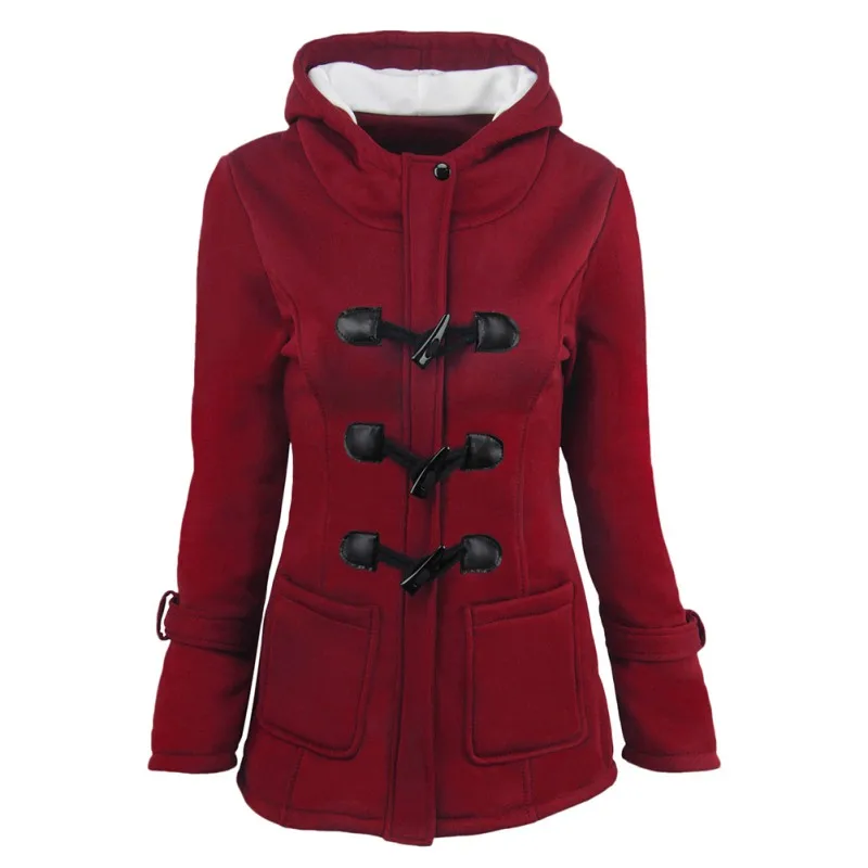 

Hooded cotton blend horn leather buckle in the long coat jacket cotton coat women