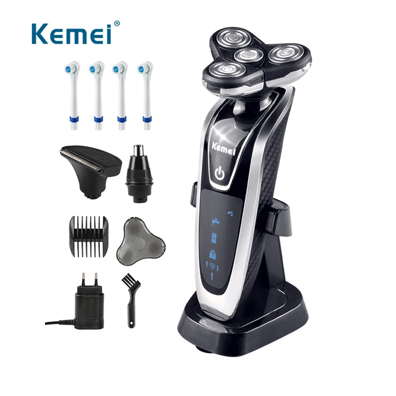 Электробритва Kemei с 4 лезвиями, бритва для бороды, волос, носа, триммер, ЖК-дисплей, Мужская электрическая зубная щетка, машинка для стрижки волос с перезаряжаемой основой