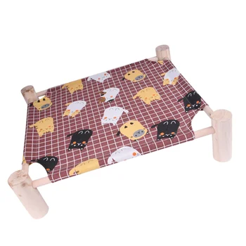 

Durable Pet Log Four-legged Wooden Bed Detachable Washable Canvas Hammock Pet House Kitten Sleep Bed (Plaid Cat Pattern)