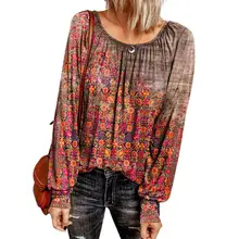

Stylish Long Sleeve Women Blouse Vintage Floral Print Soft Clothes O Neck Pleated Loose Autumn Shirt Streetwear for Vacation