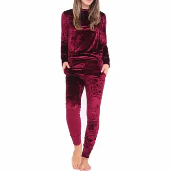 

Sporty Women Solid Color Velvet Tracksuit Long Sleeve O Neck Top Skinny Pants