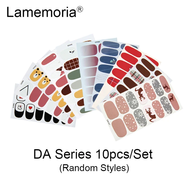 10/20pcs Full Cover Wraps Nail Polish Stickers Strips Plain Nail Art Decorations Stripe Designs Glitter Powder Manicure Tips DA-10pcs random