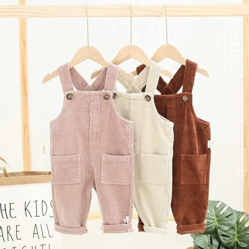 

2019 new spring baby girl baby boy version of corduroy bib pants Children Solid Color Jumpsuit Cute Cartoon Bib Clothes