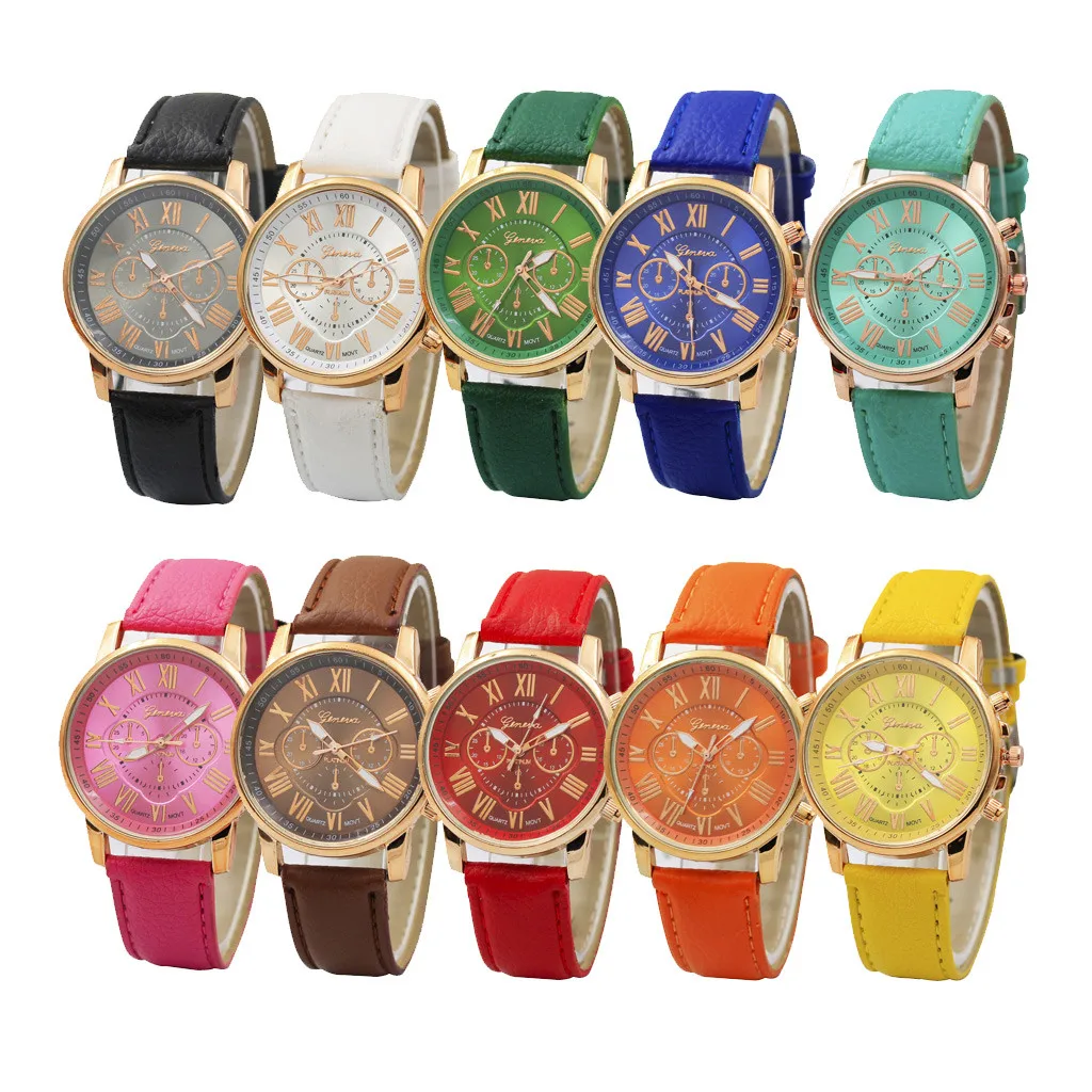 Мужские часы, роскошные модные повседневные Золотой Для женщин часы браслет Для женщин Женева римскими цифрами Искусственная кожа аналоговые кварцевые часы ASL