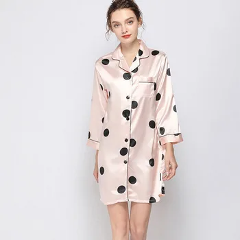 

Ladies Silk Satin NIght Dress Dot Print NIght Gown Long Sleeve Sleep Dress Fashion Sleepwear Nightwear For Women