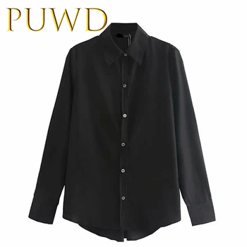 

PUWD 2019 Fall new women's all black casual shirt long sleeve stand collar commuter shirt