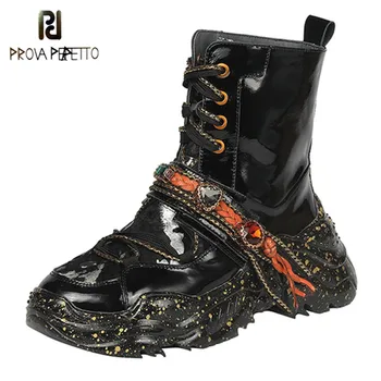 

Prova Perfetto Buckle Lace-Up Boots Women Gem Decoration Real Leather Bottes Femme Woman Fashion Spring And Autumn Retro Stivali