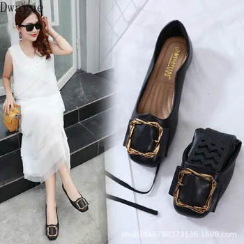 

Flat Single Shoes Square Toe Shallow Mouth Metal Buckle Peas Shoes Soft Comfort Casual Shoes Fashion Oxford Bottom Women's Shoes