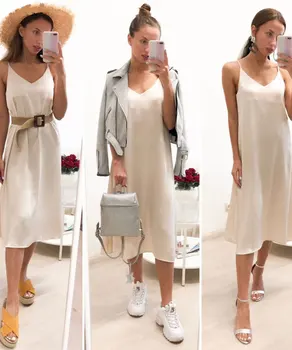 

Summer Dress 2020 Spaghetti Strap Solid Sleeveless Maxi Slip Dresses Elegant Vintage Satin Midi Dresses For Women