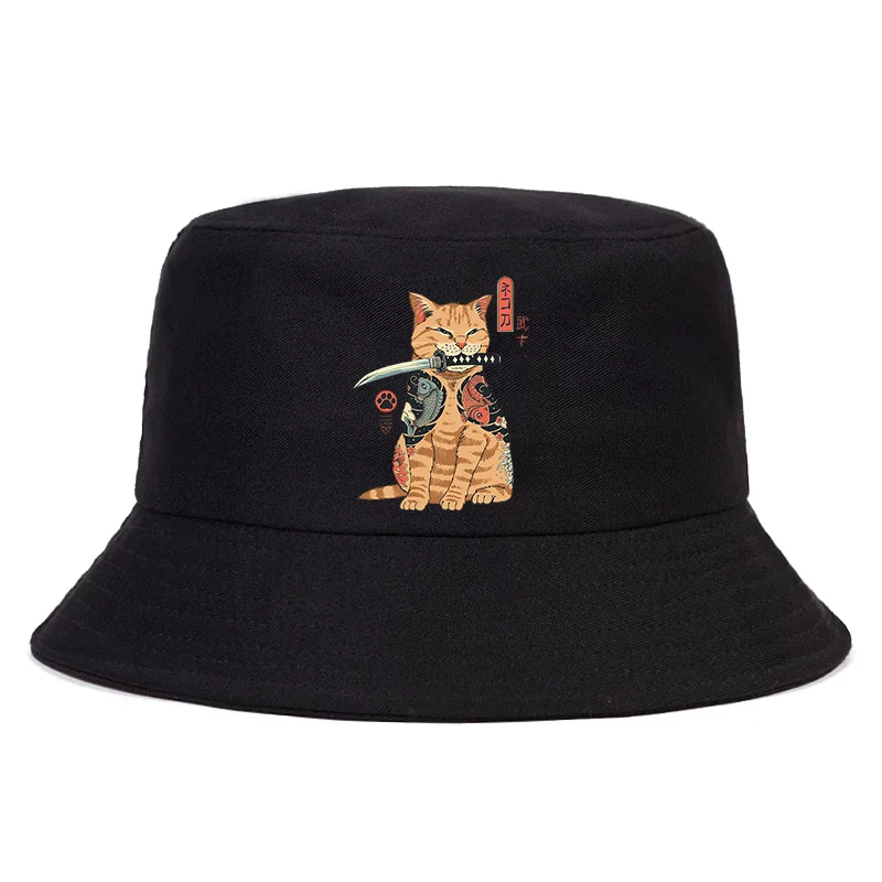 

2021 Japanese Cartoon Men's Catana Samurai Cat Men and Women Print Cartoon Cat Fishing Hat Anime Panama Hat