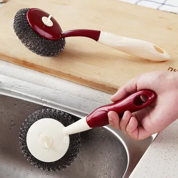 

Kitchen long handle steel ball wash pot brush dish brush plastic cleaning brush strong degreasing