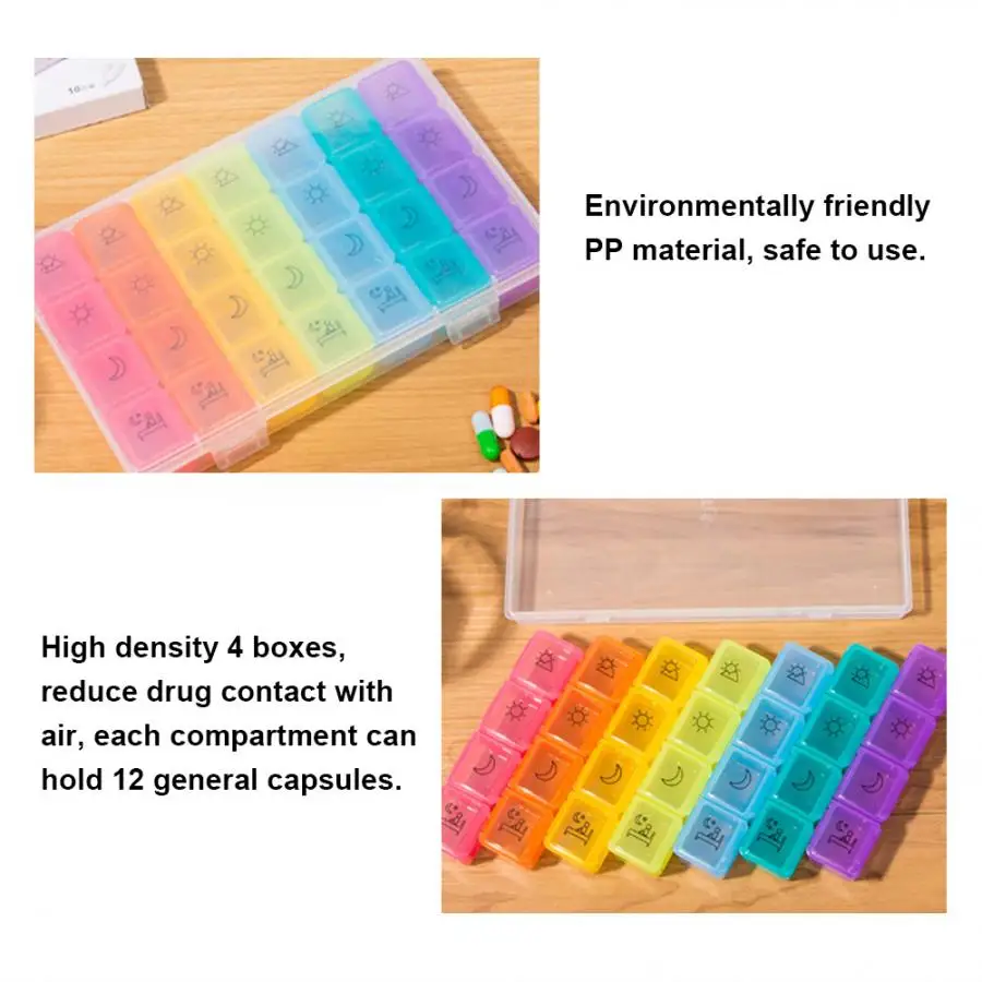 Newly Weekly Portable 28 Rainbow Color Pill Box Portable Travel Pill Organizer with Moisture-proof Design Large Compartments l