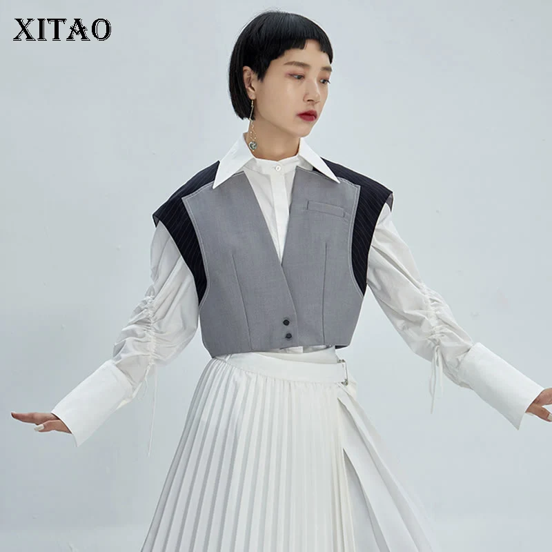 

XITAO Splice Stripe Vest Women V Neck Sector Short Vests Fashion Personality Sleeveless Coat Wild Streetwear Top Women DMY1169