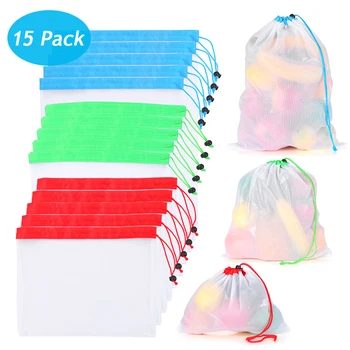 

New 15 PCS Reusable Vegetable Fruit Mesh Produce Bags Washable Eco Friendly Bag Non-woven Fabric Drawstring Bags Toiletry Bag