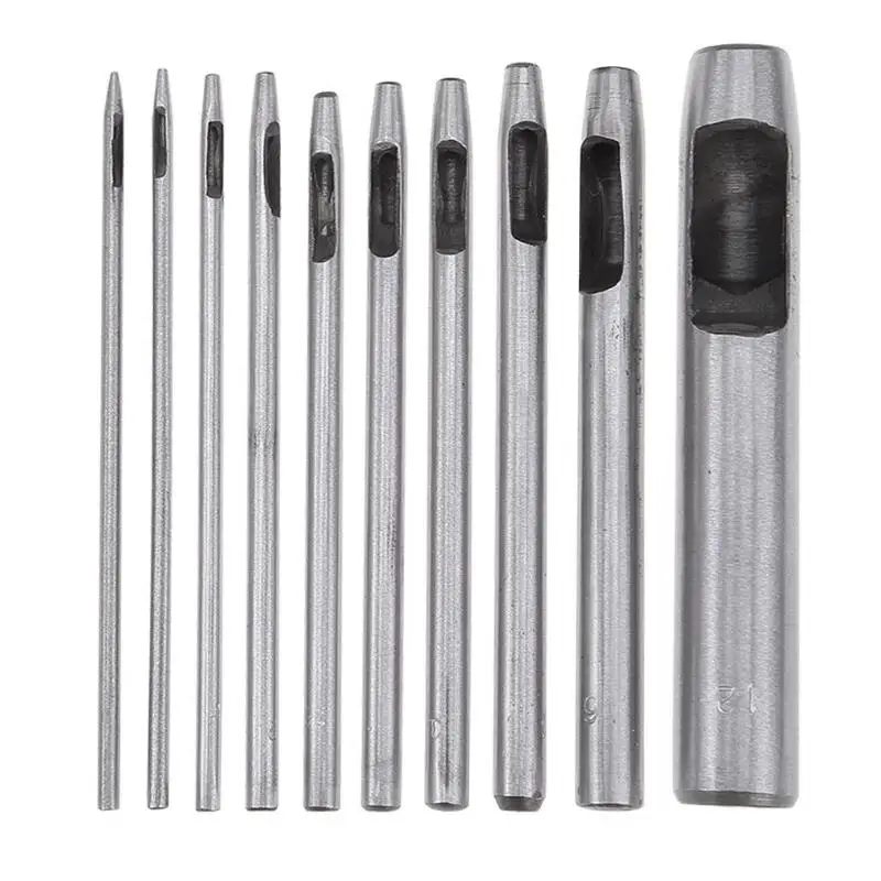 10pcs/set DIY Handmade Belt Punching Leather Hole Punch Hollow Drilling Tools Carbon Steel Leather Punching Tool 0.5mm-12mm