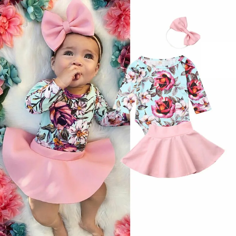 

0-3Y New Infant Baby Girls Skirt suit Sets Flowers Print Long Sleeve Romper Tops+Mini Skirts+Headband Spring Clothes Outfits